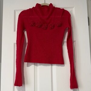 Commense Red Cowl Neck knit Sweater with Floral Details